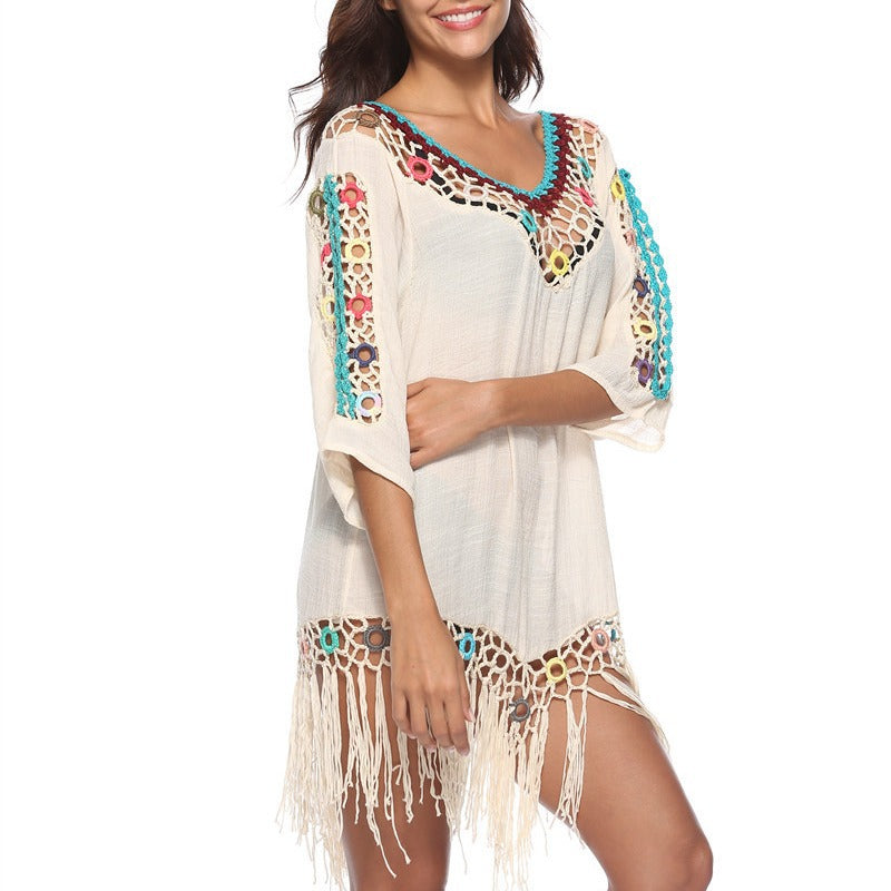 Damen Elegante Häkel-Strandtunika mit fransigen Details und bunten Applikationen EB