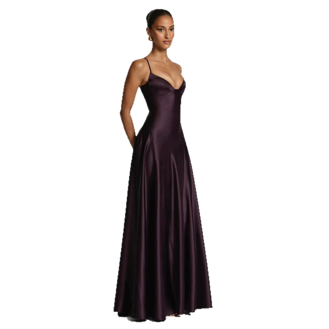 Damen elegantes Satin-Maxikleid mit raffinierten Spaghettiträgern EB