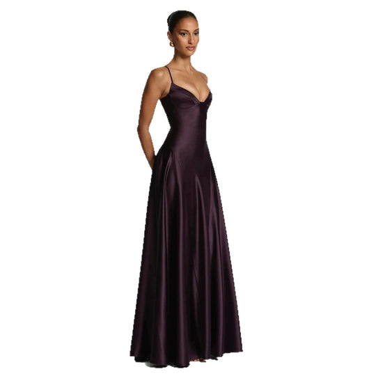 Damen elegantes Satin-Maxikleid mit raffinierten Spaghettiträgern EB