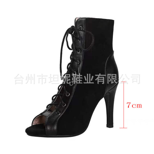 Damen Offene Zehen-Stiefeletten mit elegantem Schnürdesign und hohem Absatz EB