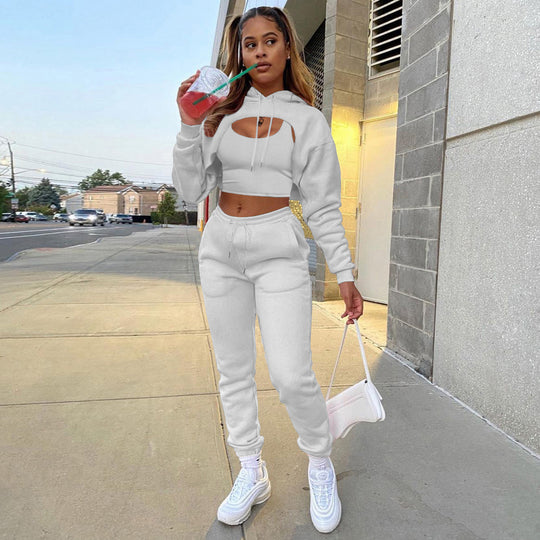 Damen Sportlicher Zweiteiler mit cropped Hoodie und bequemen Jogginghosen EB