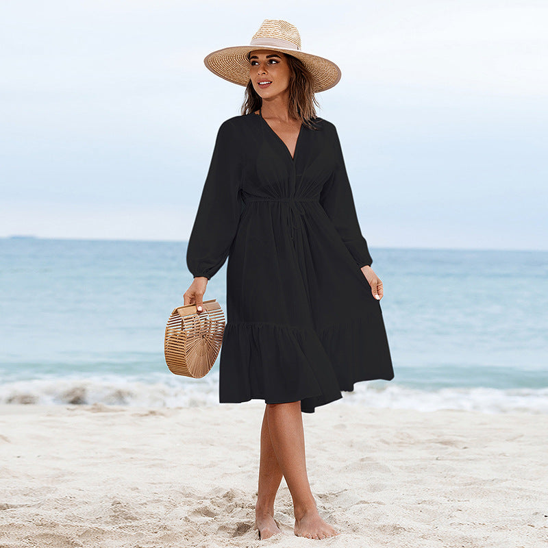 Damen Sommerliches Strandkleid mit lässigem Schnitt und elastischem Taillenband EB