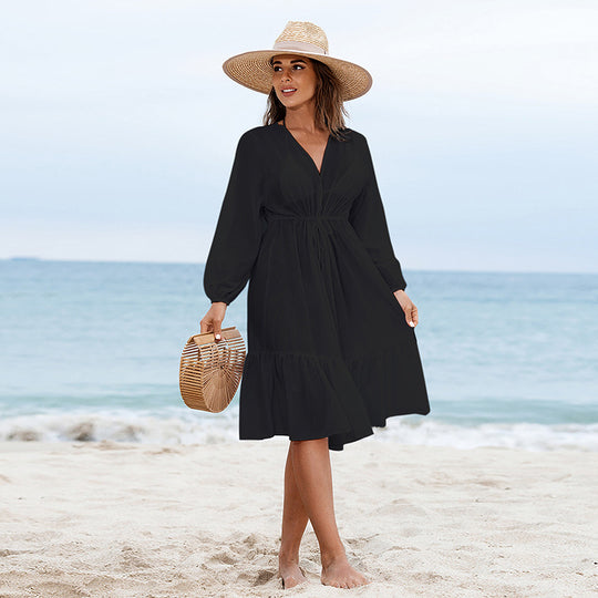 Damen Sommerliches Strandkleid mit lässigem Schnitt und elastischem Taillenband EB