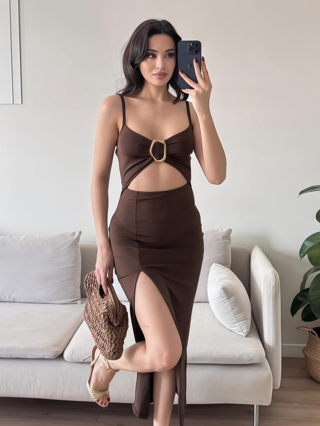 Damen Figurbetontes Maxikleid mit Cut-Outs und elegantem Gürtel EB