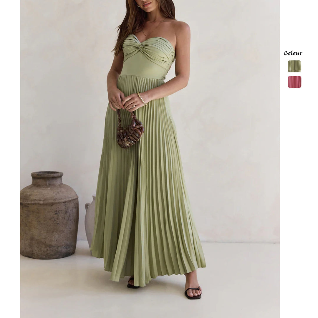 Damen Langärmliges Plisseekleid mit elegantem Oberteil und fließendem Rock EB