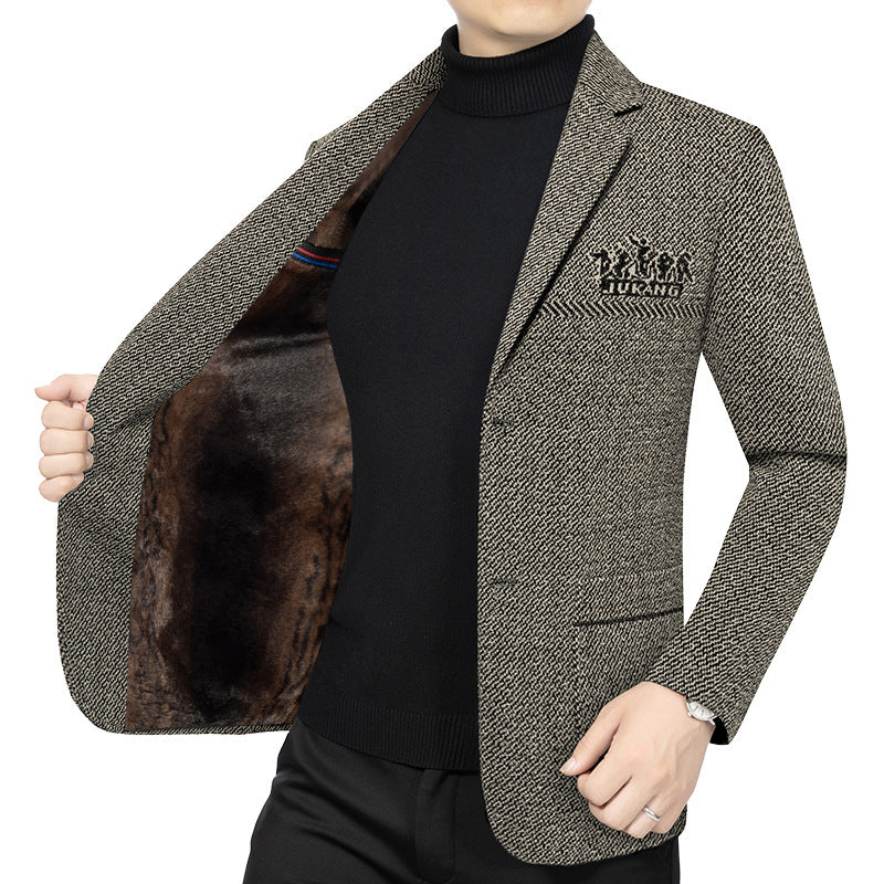 Herren Taillierter Strickblazer im Bouclé-Look mit aufgesetzten Taschen EB