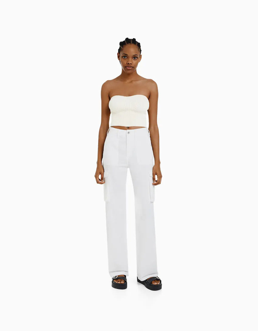 Damen nan weite High-Waist Cargo-Hose mit aufgesetzten Pattentaschen und geradem Bein EB