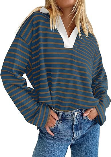 Damen Lässiges gestreiftes Sweatshirt mit V-Ausschnitt und langen Ärmeln EB
