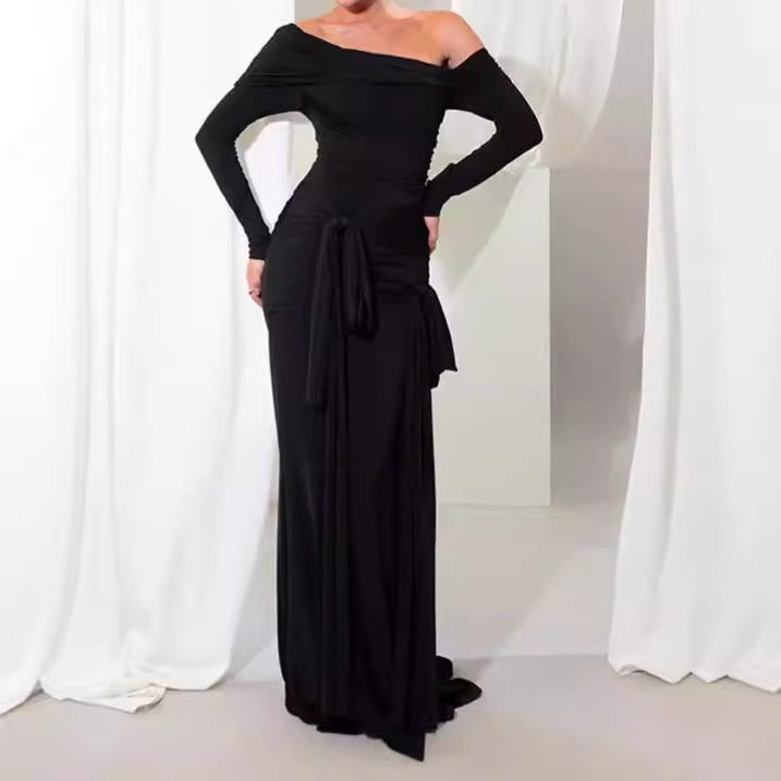 Damen Elegantes Maxikleid mit Rüschendetails und Off-Shoulder-Ausschnitt EB