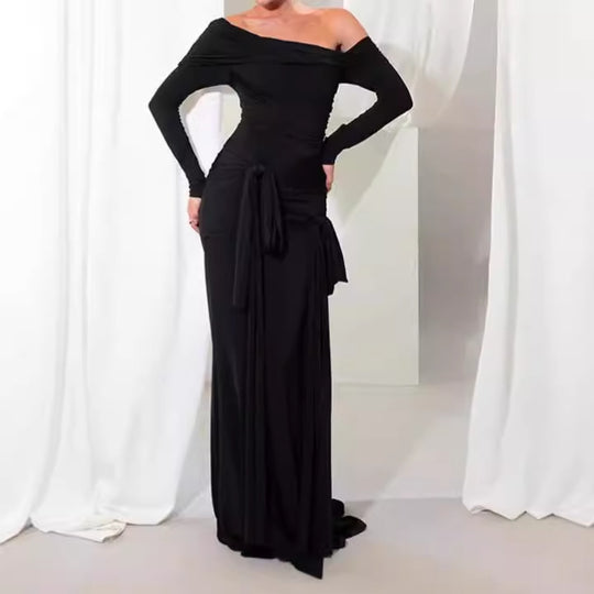 Damen Elegantes Maxikleid mit Rüschendetails und Off-Shoulder-Ausschnitt EB