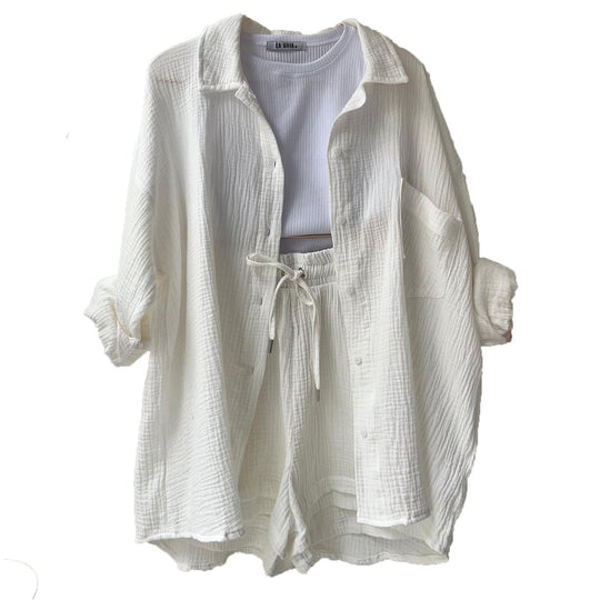 Damen nan lässiges oversized Hemd und Shorts Set mit Brusttasche Kordelbund und gerauter Baumwollstruktur EB