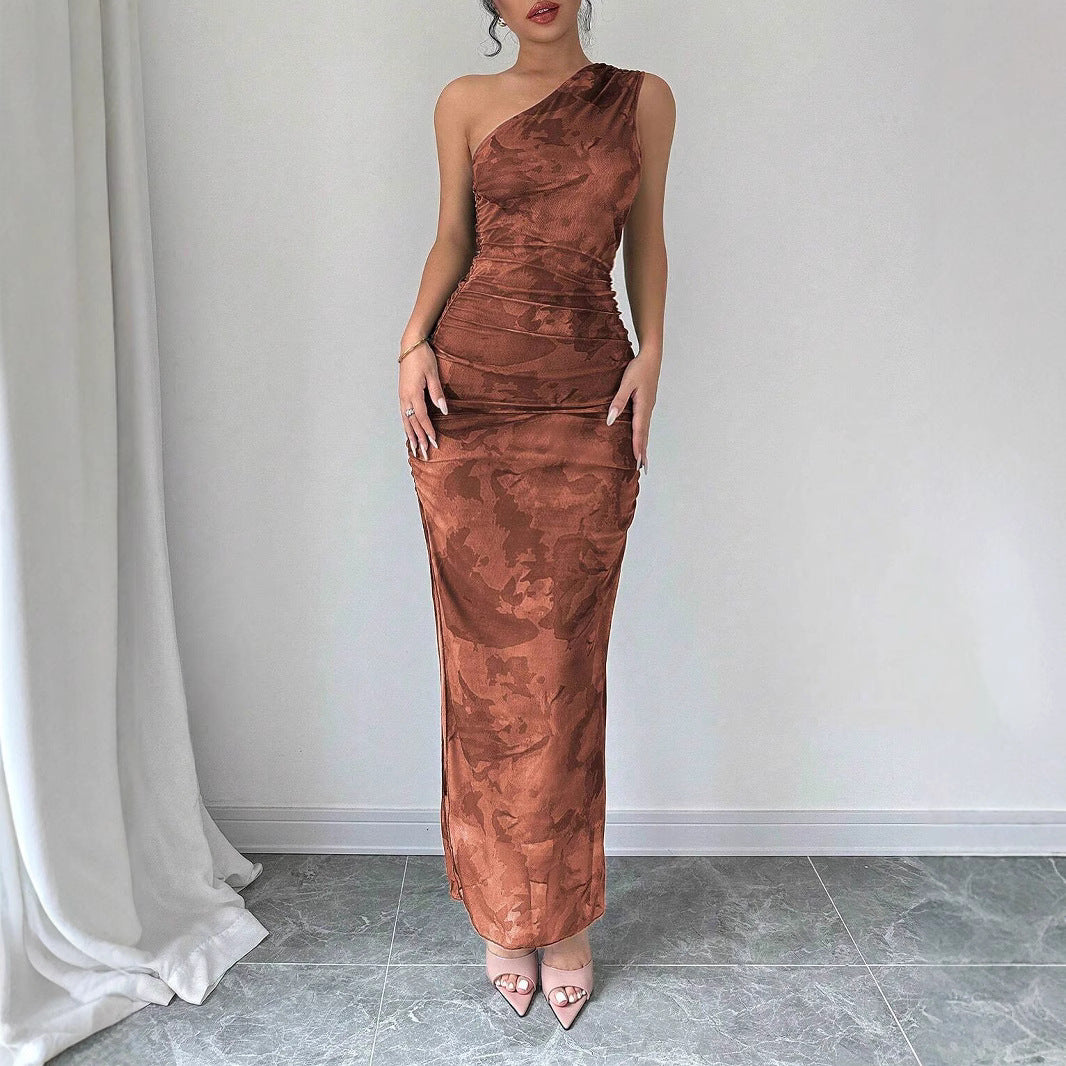 Damen Elegantes One-Shoulder Maxikleid mit sanften Raffungseffekten EB
