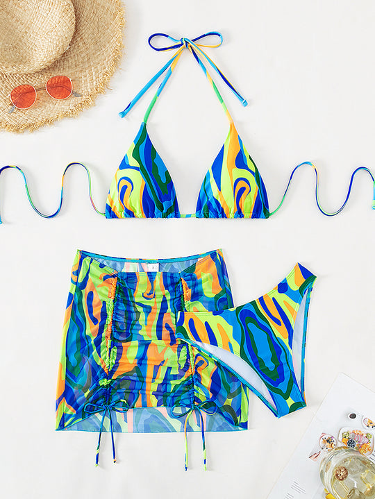 Damen Buntes Triangel-Bikini-Set mit transparentem Rock EB