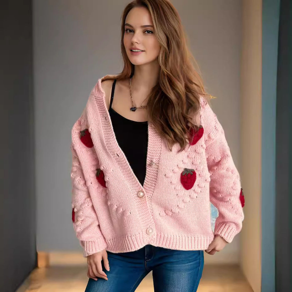 Damen Strickjacke mit verspieltem Erdbeermotiv und Knopfdetails EB