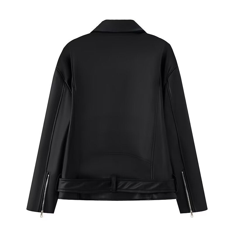 Damen Kunstleder Bikerjacke mit praktischen Reißverschlusstaschen und Gürtel EB