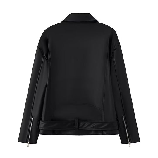 Damen Kunstleder Bikerjacke mit praktischen Reißverschlusstaschen und Gürtel EB