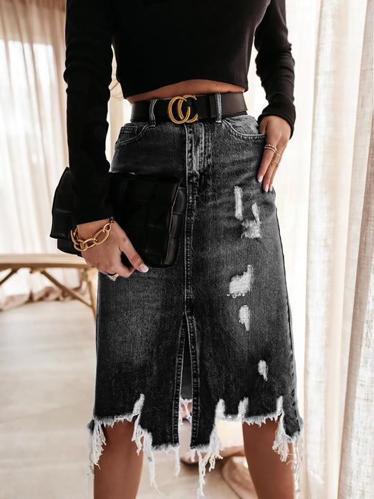 Damen Midirock mit asymmetrischem Saum und Destroyed-Effekten EB