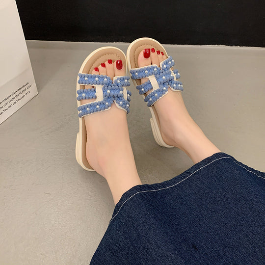 Damen Elegante Slide-Sandalen mit modischen Perlen- und Fransenakzenten EB