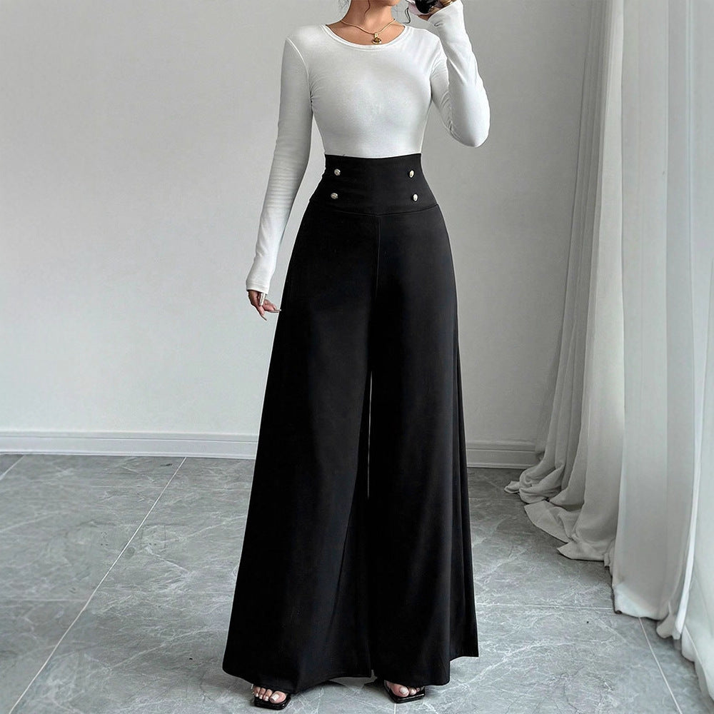 Damen Fließende Palazzo-Hose mit hohem Taillenbund und eleganten Knopfdetails EB