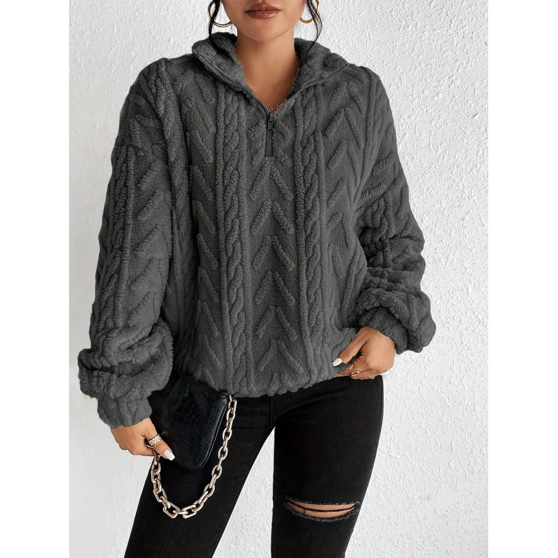 Damen kuscheliger Fleece-Pullover mit hochgeschlossenem Kragen und Reißverschluss EB