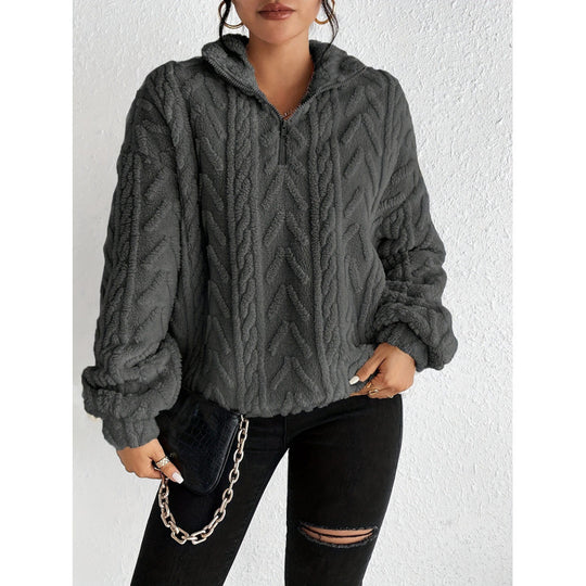 Damen kuscheliger Fleece-Pullover mit hochgeschlossenem Kragen und Reißverschluss EB