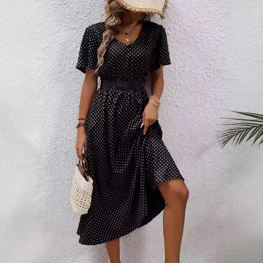 Damen Maxikleid im verspielten Punktdesign mit voluminösen Ärmeln und tiefem V-Ausschnitt EB