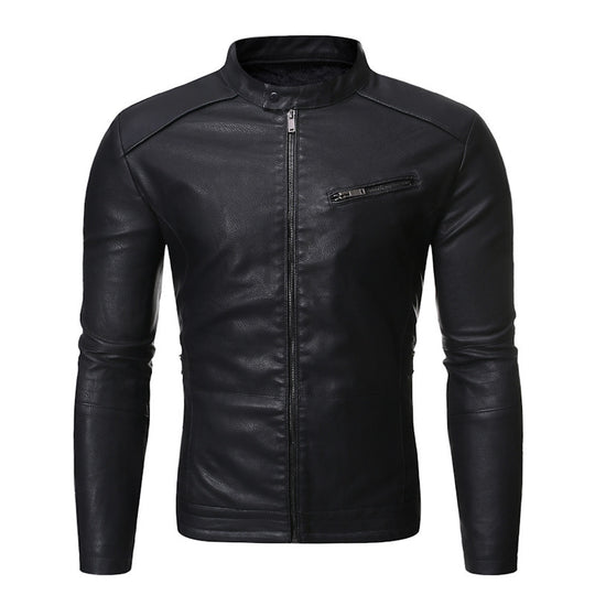 Herren elegante Kunstlederjacke mit modernem Stehkragen EB