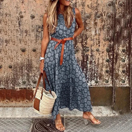Damen Bohemian Maxi Kleid mit verstellbarem Gürtel EB