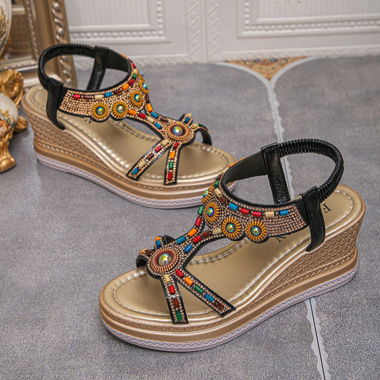 Damen Komfortable Wedge-Sandalen mit Dekorativem Schmuck EB