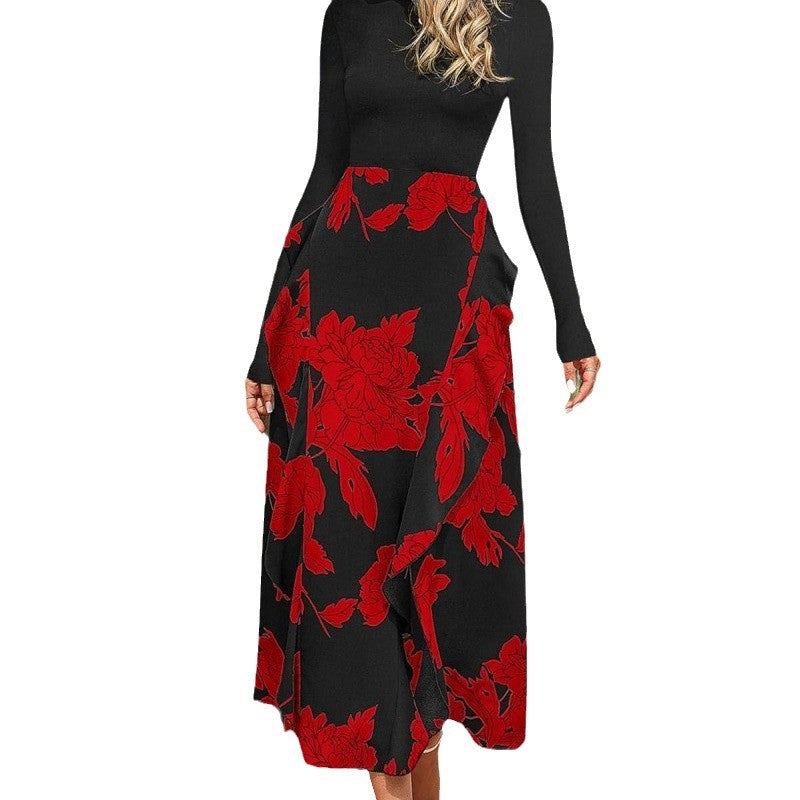 Damen Elegantes Maxikleid mit floralem Volant und langem Arm EB
