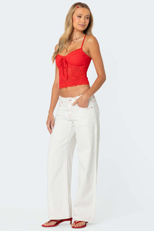 Damen Spitzencrop-Top mit dekorativem Schleifendetail