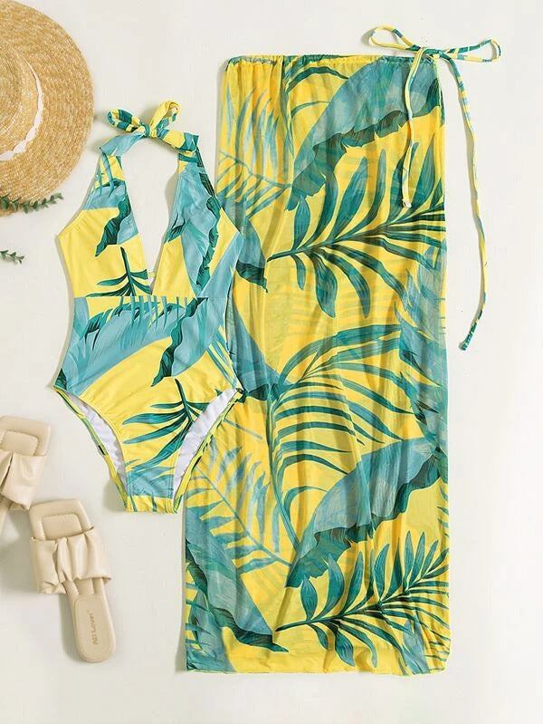 Damen Set aus einem einteiligen Badeanzug mit floralem Design und passendem Sarong EB