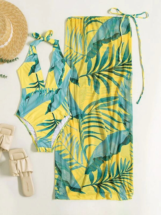 Damen Set aus einem einteiligen Badeanzug mit floralem Design und passendem Sarong EB