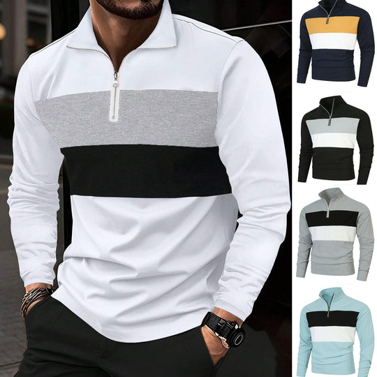 Herren nan Halbzip-Pullover mit Stehkragen, breitem Blockstreifen und fein gerippter Struktur EB