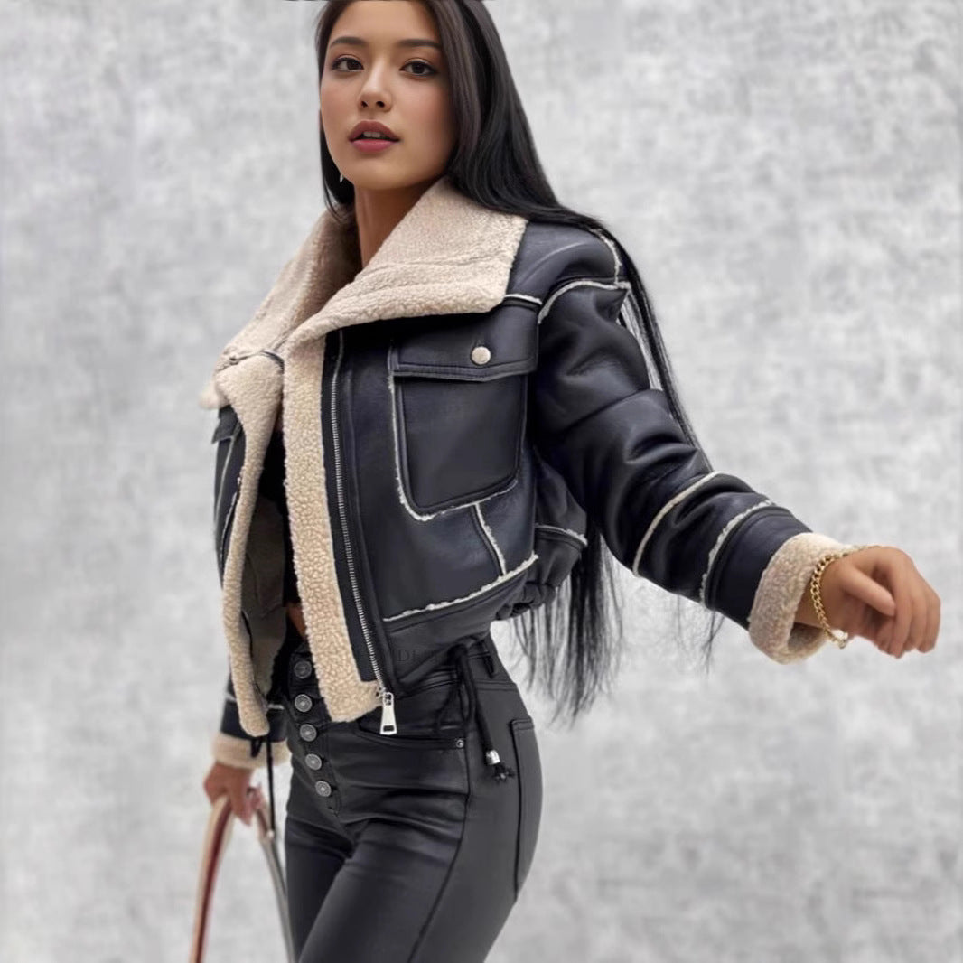 Damen Cropped Teddyjacke mit stylischem Kragen EB