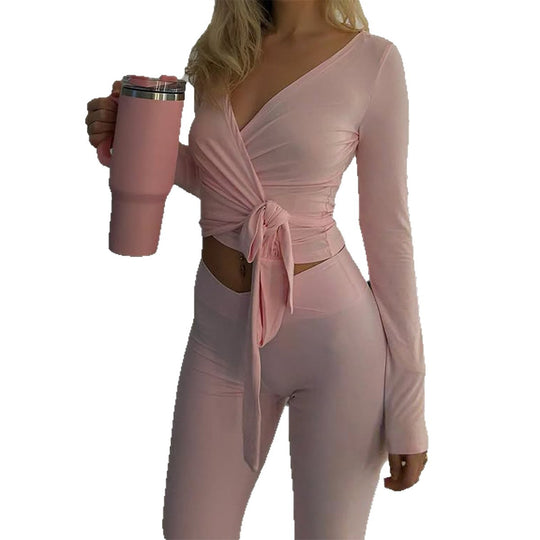 Damen nan Wickel-Crop-Top mit Knotenbund und Highwaist Bootcut-Leggings-Set EB