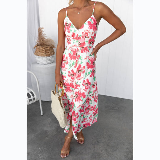 Damen Sommerliches Maxikleid mit elegantem V-Ausschnitt und Hohem Schlitz EB