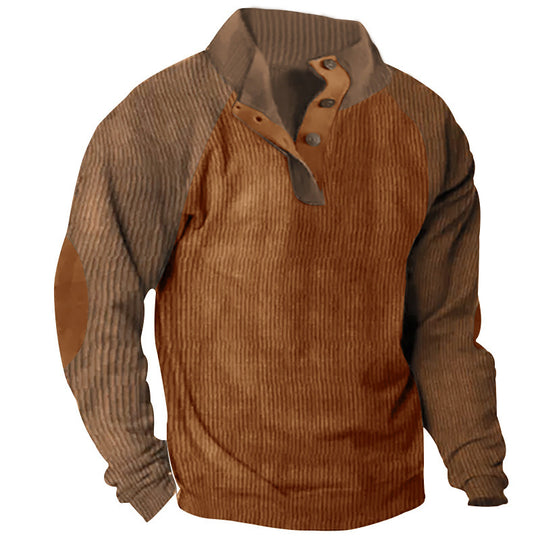 Herren Strukturiertes Raglan-Henley-Pullover mit Stehkragen, Ellenbogenpatches & Knopfleiste EB