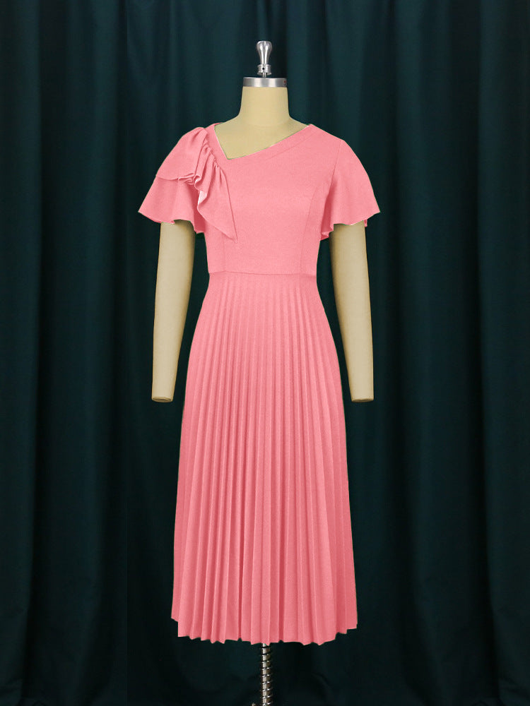 Damen elegantes Plisseekleid mit asymmetrischem Rüschen-Detail EB