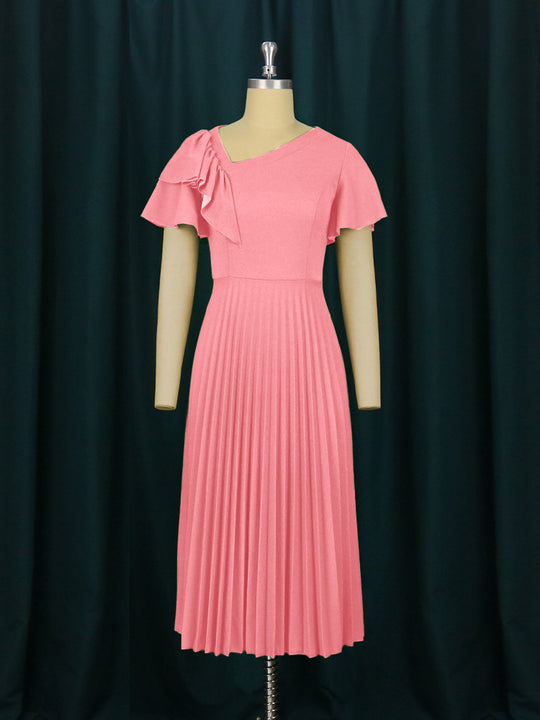 Damen elegantes Plisseekleid mit asymmetrischem Rüschen-Detail EB
