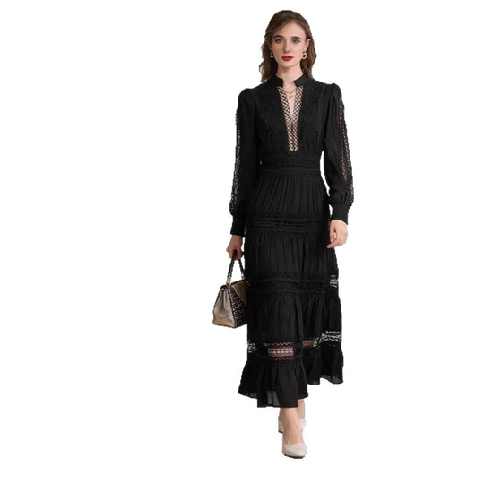 Damen romantisches Maxikleid mit transparenten Einsätzen und Rüschendetails EB