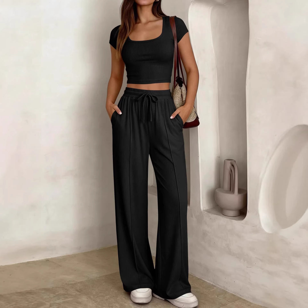 Damen lässiges Cropped-Top und weite Hose Set EB
