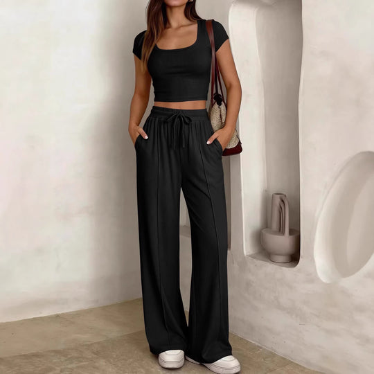 Damen lässiges Cropped-Top und weite Hose Set EB