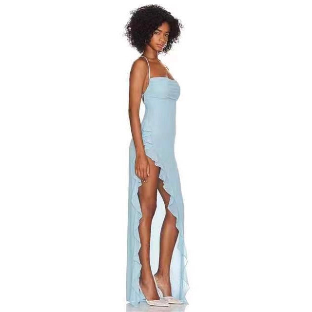 Damen elegantes Maxi-Kleid mit verführerischem Scherenschnitt und trägerlosem Design EB