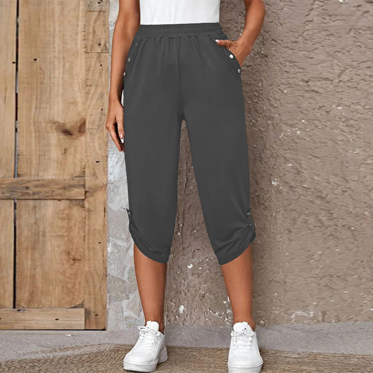 Damen nan lässige dreiviertellange Hose mit elastischem Bund, Eingrifftaschen und krempelbarem Saum EB