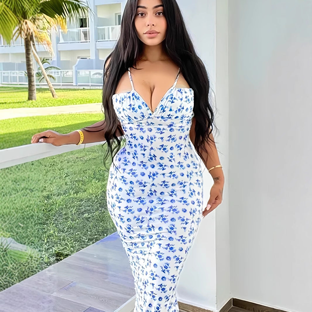 Damen Blumenmuster Maxikleid mit Figurbetontem Schnitt und Spaghetti-Trägern EB