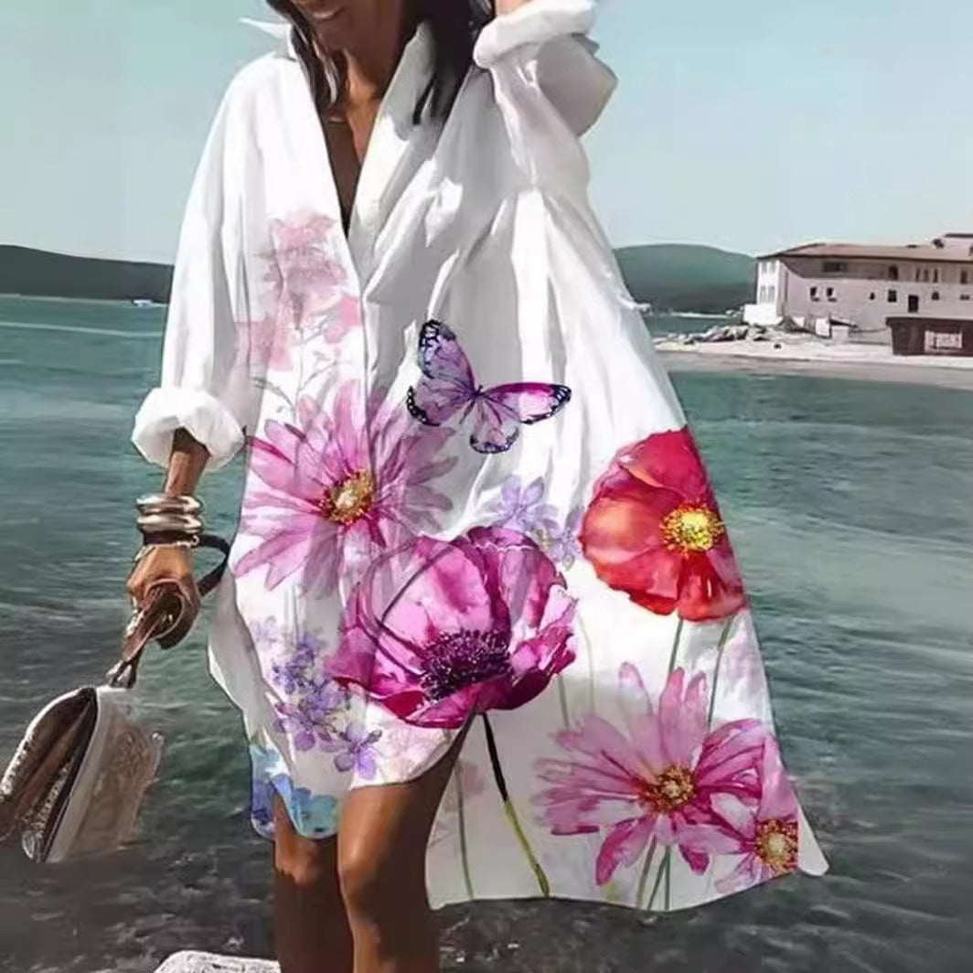 Damen nan luftiges Strandkleid Kaftan mit tropischem Blattprint und weitem Schnitt EB