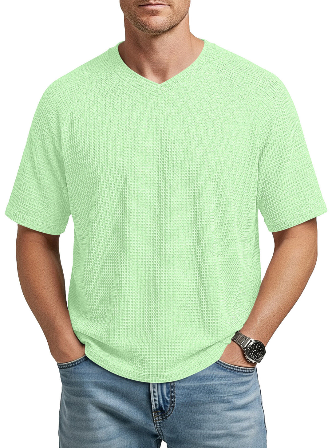Herren nan lässiges V-Ausschnitt Waffelstrick-T-Shirt aus atmungsaktivem Baumwollmix EB