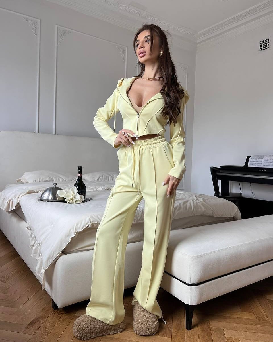 Damen tailliertes Cropped-Kapuzensweatshirt mit verdecktem Reißverschluss und High-Waist Wide-Leg Jogginghose Set EB