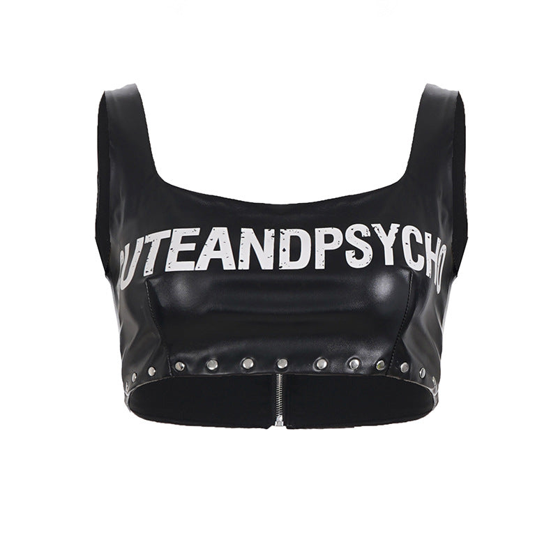Damen Leder-Crop-Top mit auffälligem Schriftzug und Nietenverzierung EB